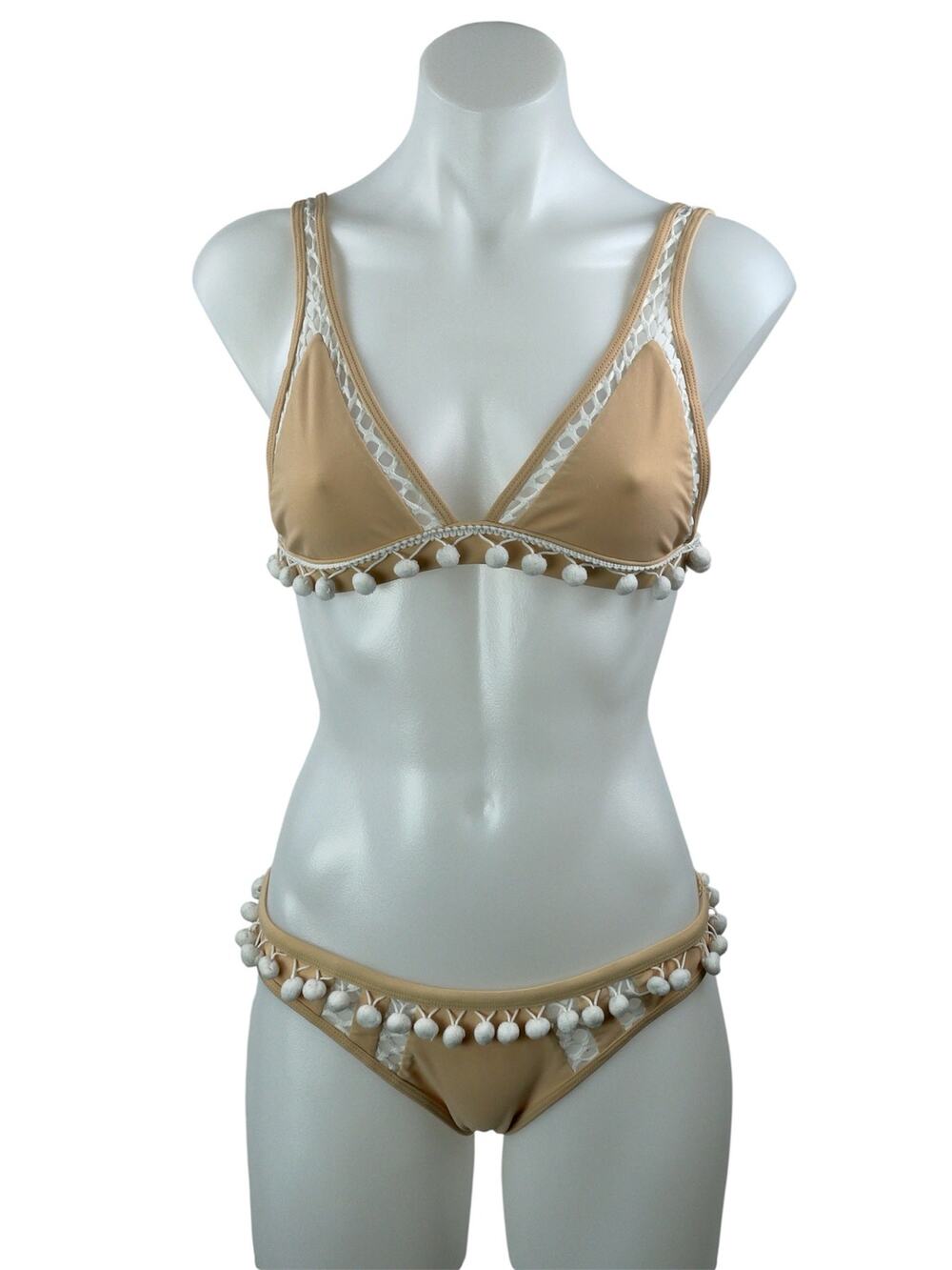 Tularosa Women's Tan Pom Pom Boho Triangle Two Piece Bikini Swimwear Size S